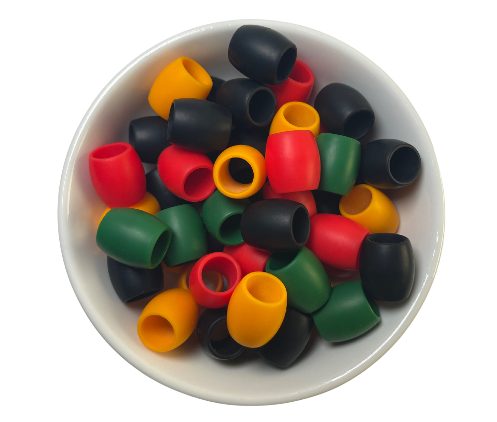 Soft Hair Beads - Black History Month Colors - Silicone Rubber Hair Beads for Braids and Locs - Black, Red, Orange, Green