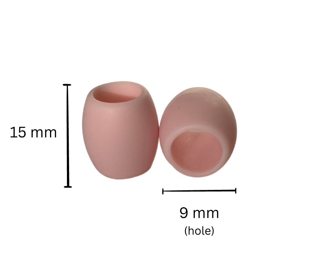 Dimensions of pink silicone rubber hair beads. 9mm diameter hole in the jumbo style hair beads for natural hair