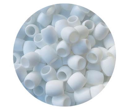 pile of white rubber hair beads, pile of white silicone rubber hair beads